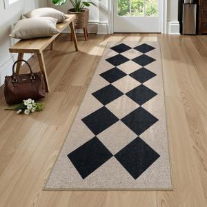 Collive Checkered Easy Jute Outdoor Runner Rug, 2 x 6 Washable Runners for Hallways Woven Farmhouse Kitchen Runner Rug Non Slip, Geometric Diamond Indoor Outdoors Carpet for Porch Entryway Backyard (Black/Checkerboard)