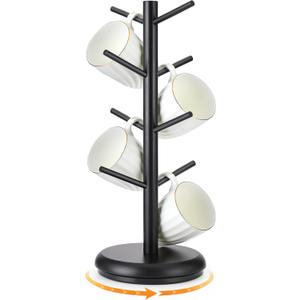360 Rotating Mug Tree for Counter, 8 Hooks Coffee Mug Holder Stand, Wooden Coffee Cup Holder Rack for Countertop, Easy Tool-Free Assembly, Kitchen Decor Display, Black