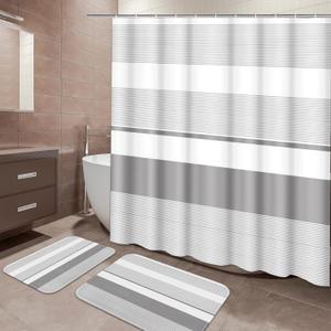 ArtSocket Grey Striped Bathroom Set with Shower Curtain and Bath Rugs and Accessories,Boho Modern Non-Slip Shower Curtain Set,Bathroom Decor 3 Pcs