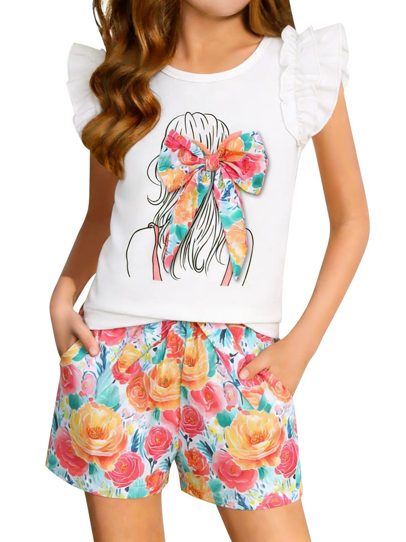 AMAWMW Girls Summer Clothes 2 Piece Outfit Ruffle Sleeve Shirt Top Paperbag Waist Shorts with Pockets Kids Clothing Set 4-12Y, White, 4-5T (White)
