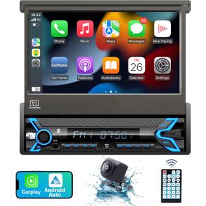 2026 7-inch Motorized Flip-Out Single Din Car Stereo with Apple CarPlay & Android Auto, Bluetooth, HD Touchscreen, Backup Camera, USB/SD/AUX Input, AM/FM Radio, Subwoofer Support & DSP