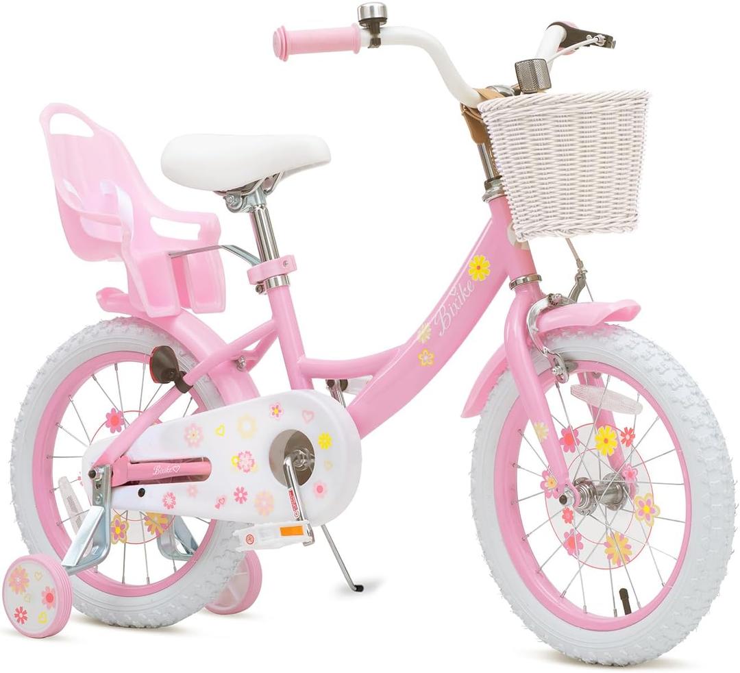 Bixike Girls Bike with Basket for Toddlers and Kids, Pink & White, 16 Inch With Doll Seat With Training Wheels & Doll Seat, 20 Inch with Kickstand & Rear Rack, Princess Style Bicycle for Gift.