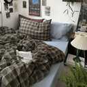 mixinni Vintage Buffalo Plaid Duvet Cover Set Queen Size - 3 Piece Washed Cotton Bedding Set with Grid Pattern, Soft & Breathable Duvet Cover with Pillowcases for All Seasons,(Brown & Blue,Beige)
