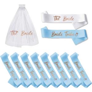 PartyGifts&beyond Bachelorette Party Favors Bride to Be Sash and Veil Set Bachelorette Sashes Bridal Shower Gifts Bride Tribe Sash (Light Blue, 11pcs)