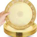 10 Pack Gold Plastic Serving Tray Bulk Lightweight Round Party Snack Serving Tray Reusable Decorative Food Appetizer Platter for Coffee Tea Dessert Fruit Wedding Party Buffet(10.6 Inch)