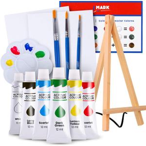 J MARK Paint Set  Mini Canvas Acrylic Painting Kit with Wood Easel, Canvases, Paint, Brushes & More (14 Pcs)