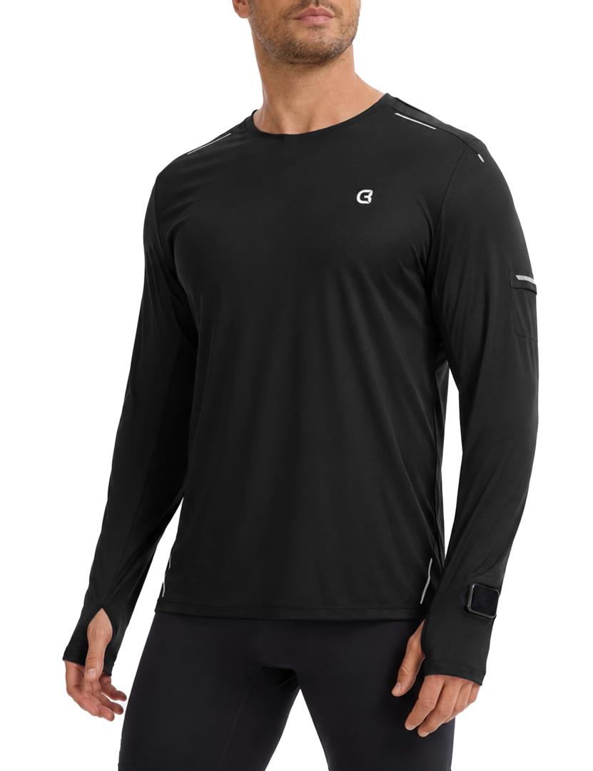 Clbort Men's Running Shirts Sun Protection UPF 50+ T-Shirts for Men Long Sleeve Reflective Workout Athletic Hiking Shirt (US, Alpha, 3X-Large, Regular, Regular, Black) (Black, XXXL)