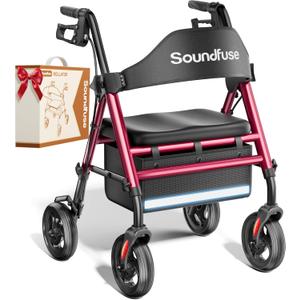 SOUNDFUSE Walkers for Seniors, Rollator Walker with Seat, 8" All Terrain Wheels, Double Support Bar, 16" Ergonomic Arc Seat and Comfortable Backrest, Dual Height Adjustable and Foldable Design (Rose Red)