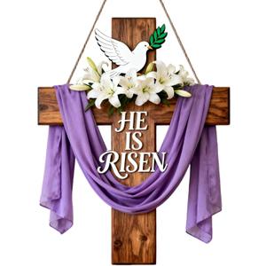 He is Risen Easter Decor, Wooden Cross Wall Hanging Sign with Purple Sash, White Lilies & Dove, Farmhouse Christian Home Decor for Front Door, Wall, Mantel - Easter Gift Idea