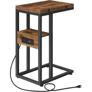 HOOBRO Foldable End Table, C Shaped Side Table with Charging Station, Sofa Couch Table that Slide Under for Living Room Bedroom Small Spaces, Easy Assembly, Rustic Brown and Black BF29USF01