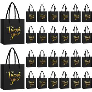 Honoson 60 Pcs Mini Thank You Gift Bag with Handle Bulk 4 x 2.75 x 4.5'' Small Paper Foil Bag for Wedding Gift Wrapping Birthday Party(Black)