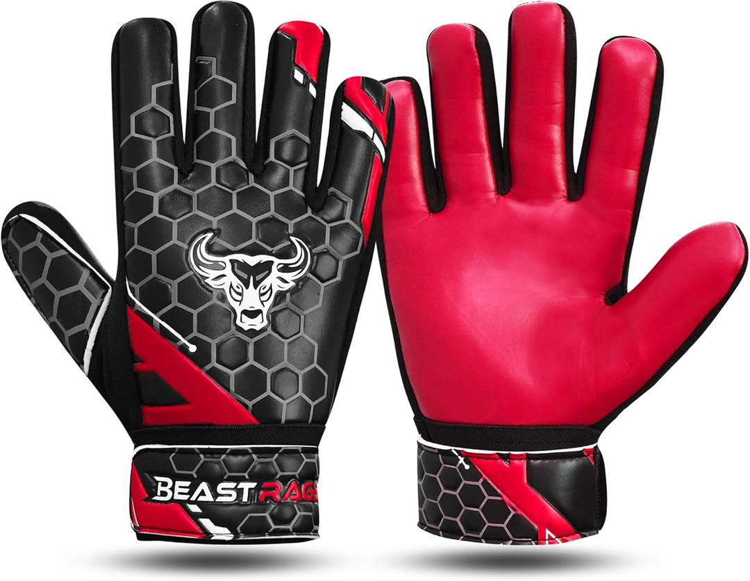 BEAST RAGE Soccer Goalkeeper Gloves for Kids Boys Youth,Soccer Goalie Gloves 4MM Anti-Slip Latex Palm Double Wrist Support,All Weather Football Gloves (Size 3 Suitable for 5-6 Years Old, Red)