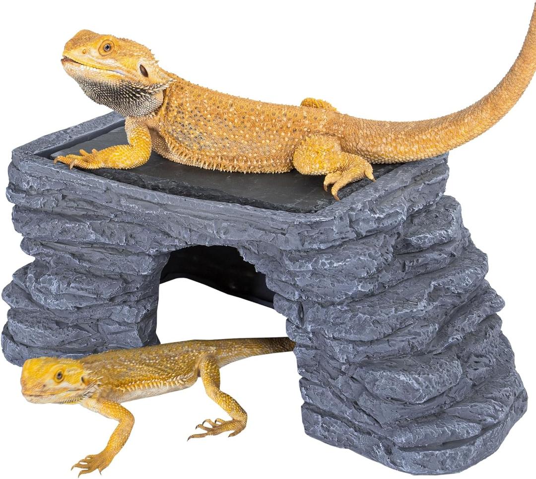 REPTI ZOO Large Bearded Dragon Basking Platform, 12.5x7x5 inch Gecko Hide Cave with Heat Storage Slate Stone, Reptile Basking Rock Climing Hideout for Leopard Crested Gecko Lizard Turtle