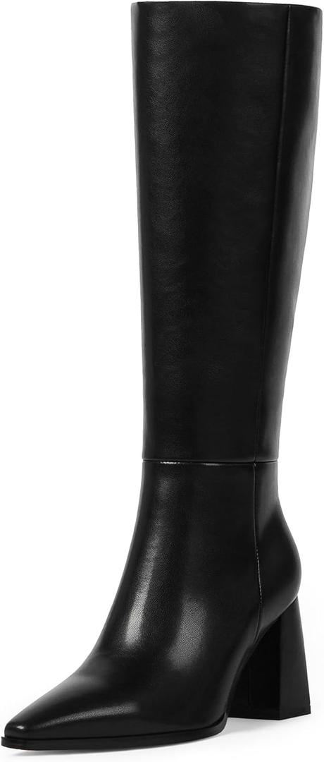 Knee High Boots for Women Chunky Heel Pointed Toe Fall High Heel Side Zipper Long Boots Dressy (10, Black)