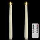 Homemory 2 Pcs Waxy Flameless Taper Candles with Remote, Flickering Battery Operated Taper Candle, Led Flameless Candlesticks Classic Tall Candles for Home, Wedding, Party, Ivory, 9.6 inches