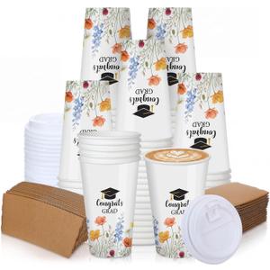 Zhehao 90 Pcs/ 30 Sets 16oz Graduation Coffee Cups with Lids and Sleeves Wildflower Congrats Grad Disposable Paper Coffee Cups Class of 2026 Drinking Cup for Graduation Party Supplies