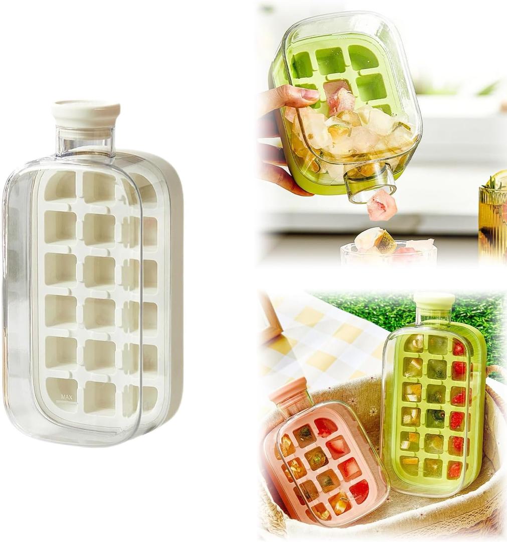 Ice Cube Trays for Freezer, 2 In 1 Ice Cube Tray Water Bottle with Lid and Bin, New Vertical Tray with Lid for Freezer, Easy Ice Release for Freezer (White, 800ml+18 Grids)