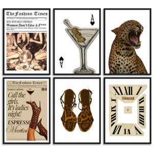 Trendy Leopard Print Wall Art Vintage Magazine Fashion Woman Picture Wall Decor Funky Cheetah and Espresso Martini Y2K Aesthetic Poster Coquette Preppy Print Artwork for Girly Apartment,