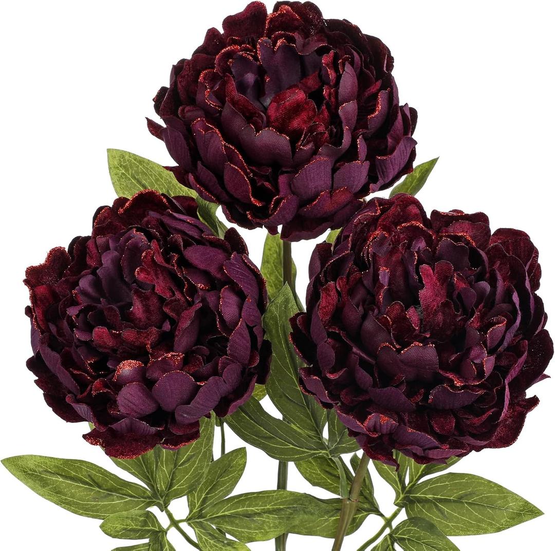 Briful 3PCS Burgundy Peony Artificial Flower Stems 29.1in Long Stem Fake Peonies Silk Floral Arrangement Real Touch Peony Flower for Home Vase Party Wedding Bouquet Decor