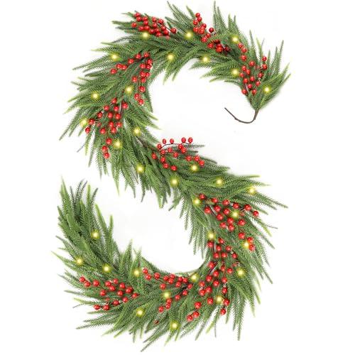 Christmas Norfolk Pine Garland,Real Touch Faux Winter Greenery Garland with Light for Stairs Table Fireplace Backdrop Wall,Christmas Holiday Seasonal Winter Decor (6ft)