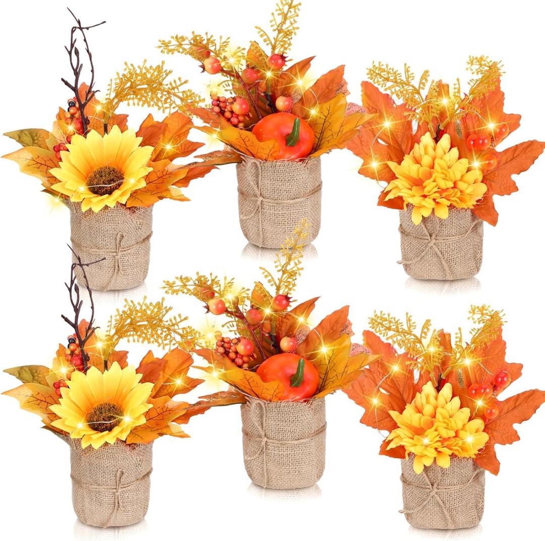 Thyle 6 Pcs Fall Flowers Fall Centerpieces for Tables Artificial Flowers with Burlap Base and String Light Mini Plants Decorations Fake Fall Flowers Artificial for Decoration(Flower Style)