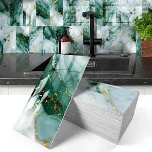 50-Pieces Thick PVC Glossy Subway Tile,4"x 8" Peel and Stick Backsplash Wall Tiles,Golden Veined Emerald Marble Self-Adhesive Backsplash for Kitchen,Bathroom(11.11 Sq. Ft. Coverage)