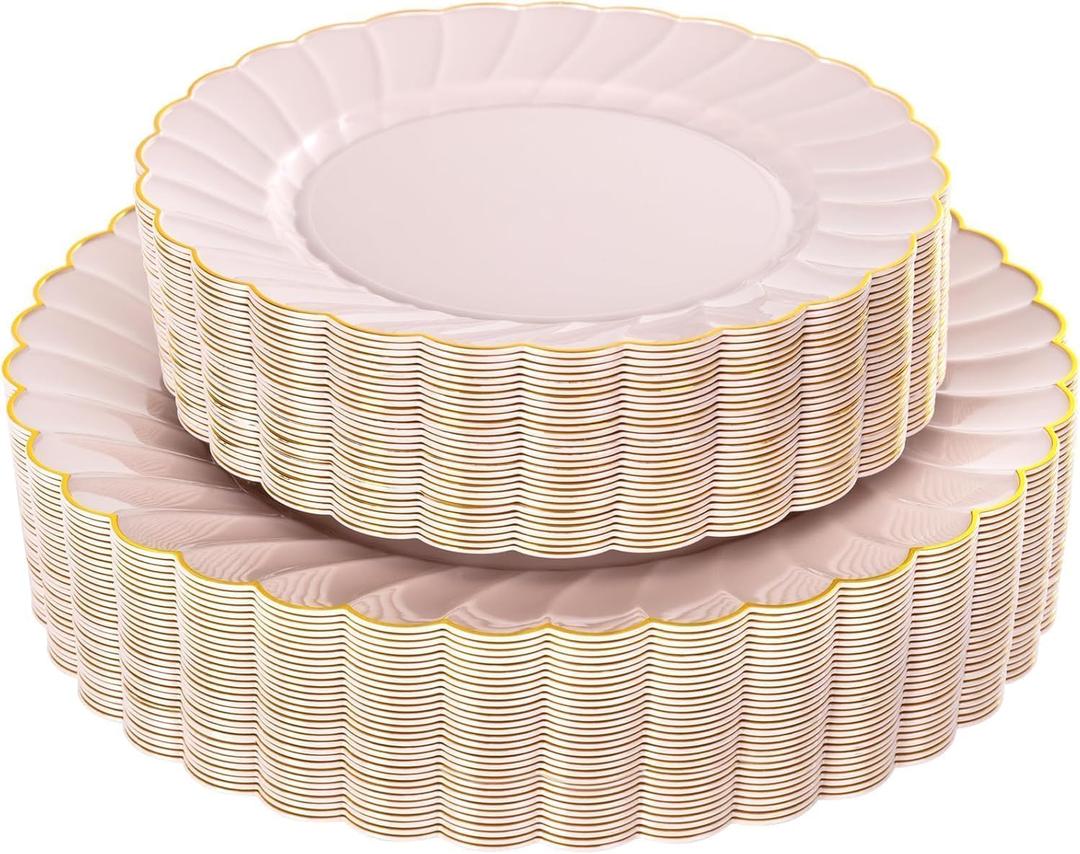 YOUBET 60PCS Pink Scalloped Plastic Plates - Hard Pink and Gold Fancy Disposable Plates include 30 Gold Dinner Plate, 30 Dessert Plate for Party & Wedding & Baby Shower Mothers Day