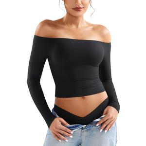 YEOREO Sophie Women Off Shoulder Long Sleeve Shirts Double Lined Basic Undershirt Y2K Going Out Tops (Black, S)