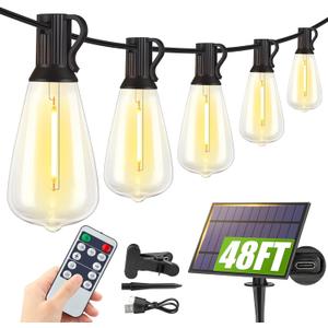Larkvue 48FT Solar String Lights Outdoor with Remote, Waterproof Dimmable Patio Lights with 15+1 LED ST38 Bulbs 3 Modes Hanging Lighting for Backyard (Black)