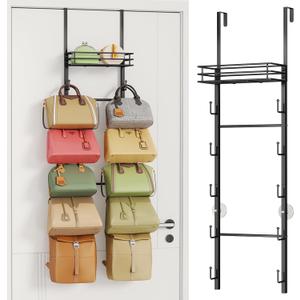 HapiRm Over The Door Purse Organizer - Wall Mounted Purse Rack with 10 Hooks and Metal Basket, Hanging Handbag Organizer Holds up to 10 Bags, Bag Rack Can Use As 1/2 Part, for Door, Closet (Black) (6-Tier)
