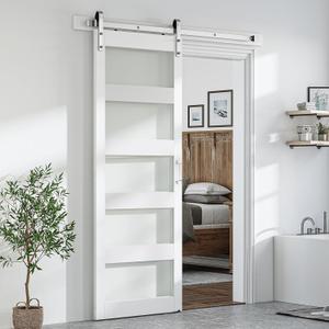 Smart Standard 36 x 96 inch Glass Barn Door with 6.6FT Brushed Nickel Sliding Hardware Kit & Handle, Pre-Drilled Ready to Assemble, Waterproof PVC Coating, White, 5-Panel Glass