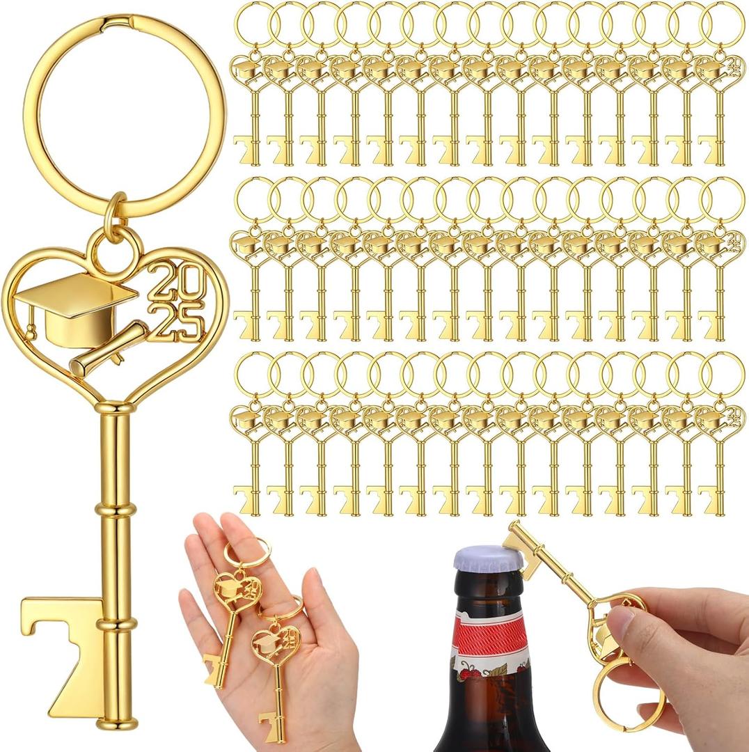 Misdary 50 Pcs Graduation Party Favors for Guests Golden Graduation Cap Bottle Openers 2025 Graduation Keychain Class of 2025 Graduation Thank You Party Favors Graduation Souvenirs for Guests