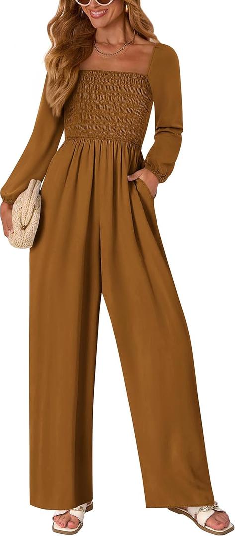 KIRUNDO Jumpsuits for Women Dressy Casual One Piece Long Sleeve Wide Leg Long Pant Rompers With Pockets 2025 Fall Outfits (S)