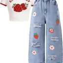 Azmxynol Tween Girl Clothes Trendy 2 Piece Outfit Short Sleeve T-Shirt Top + Butterfly Straight Jeans Denim Spring Summer Girls Fashion Clothing Set Size 11-12, Red Strawberry