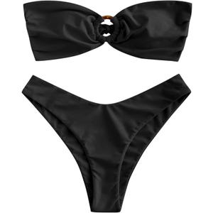 ZAFUL Women's Bandeau Bikini O Ring Strapless Tie Back High Cut Two Piece Swimsuit Bathing Suits (Black, M)