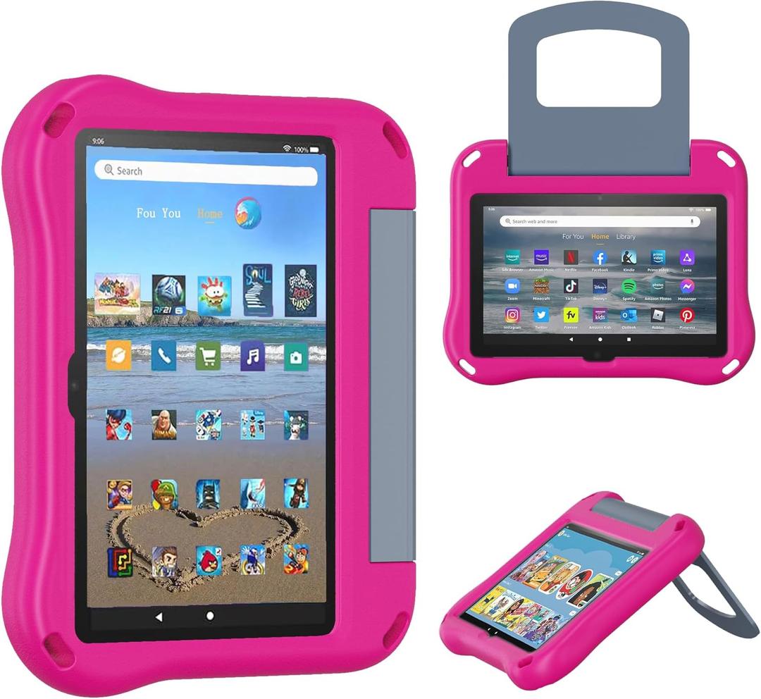 8 Tablet Case for Kids(2022/2020 Release,12th/10th Generation),Incompatible with iPad Samsung,Light Weight Shock Proof Friendly,Foldable Stand at Any Angle,Portable Handle Kid-Proof Case (Pink)
