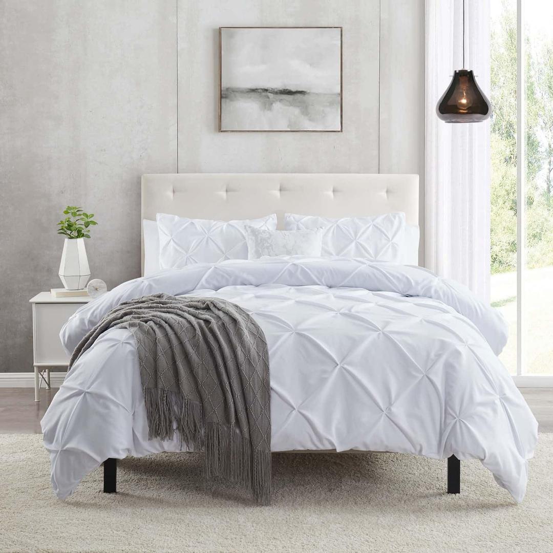 White Duvet Cover Twin Size 2 Piece Pintuck Comforter Cover - 1 Duvet Cover 68x90 Button Closure with 1 Pillow Sham - Ultra Soft Microfiber Bedding Pinch Pleated White Twin Duvet Cover Set
