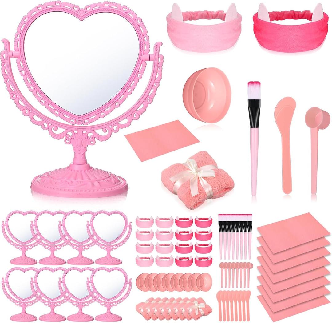 8 Set Spa Party Supplies With Heart Shaped Mirror, Desk Mat, Face Mask Brush, Mixing Bowl, Headband, Facial Towel - Sleepover Party Slumber Night Essentials