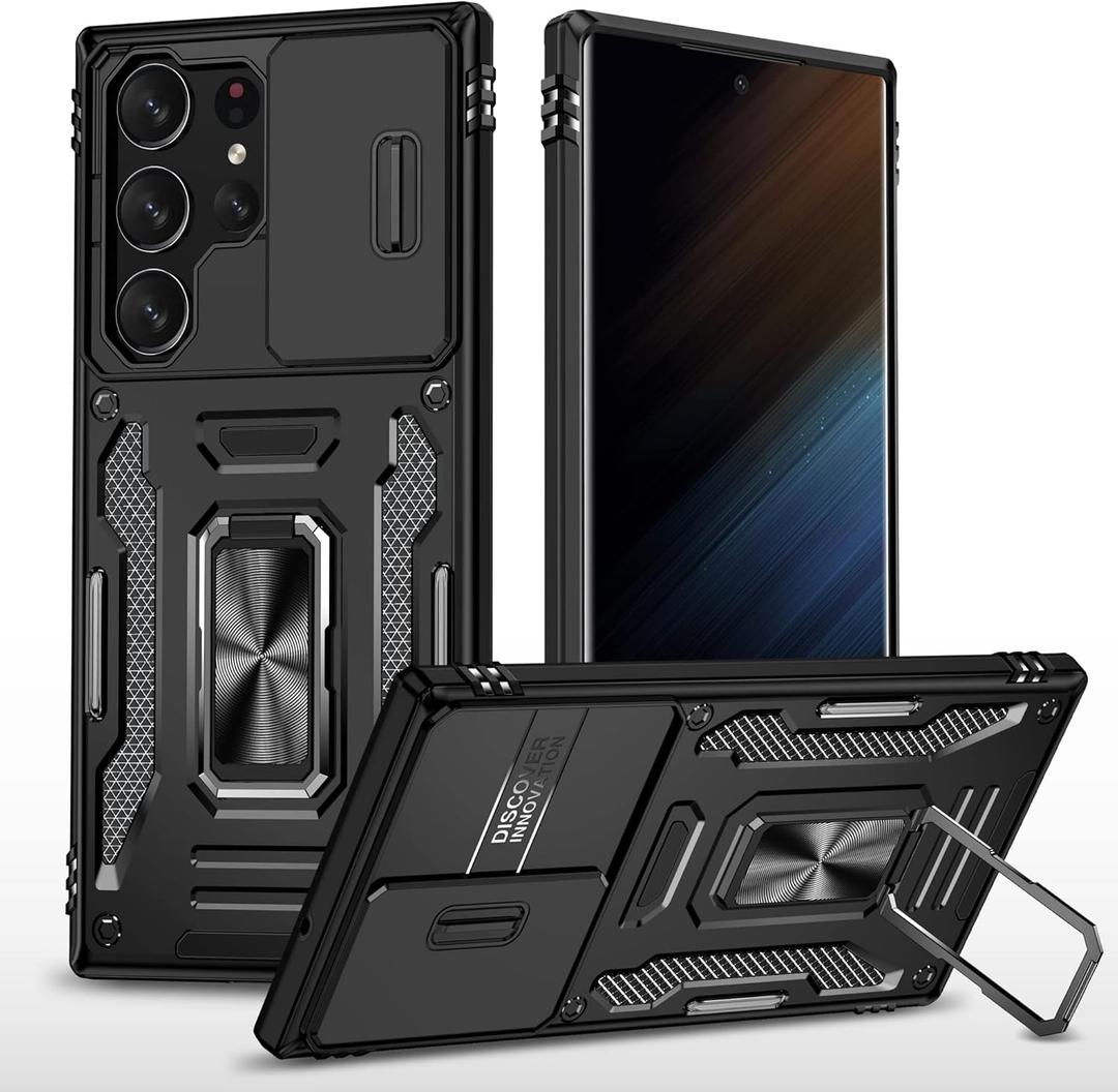 for Samsung Galaxy S23 Ultra Case with All-Angle Rotating Kickstand & Sliding Camera Cover-Heavy Duty Shockproof Protective Cover,Black