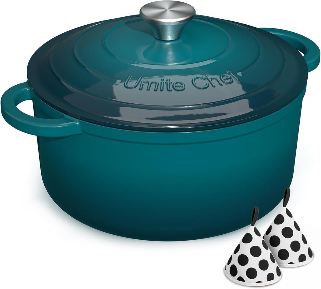 Umite Chef 7QT Enameled Cast Iron Dutch Oven with Lid & Cotton PotholdersHeavy-Duty Cookware for Bread Baking, Braising, Stews, Marinate, Cook(Emerald)