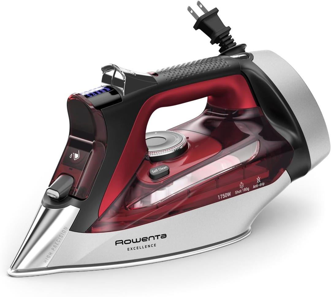 Rowenta Iron, Focus Excellence Stainless Steel Soleplate Steam Iron for Clothes, Retractable Cord, 400+ Microsteam Holes, Powerful steam, LED Display, 1750 W Ironing Clothes, Cordreel, Red DW5433