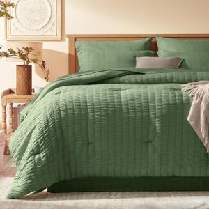 Laojin Balhen Queen Comforter Set 8 Pieces, Seersucker Bed in a Bag Queen, Olive Green Comforter with Sheets, Comforters Queen Size Bedding Sets with Comforter, Sheets, Pillowcase & Sham and Bed Skirt
