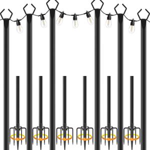 6 Pack 10 ft Heavy Duty Metal String Light Poles Adjustable Outdoor Lighting Stand for Patio,Backyard,Garden,Party & Wedding Rustproof & Sturdy with Hooks