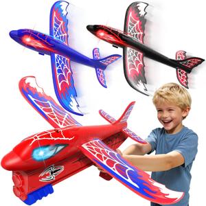 3 Pack Airplane Launcher Toy with Glowing Eyes & Web-Pattern Wings, 2 Flight Modes Outdoor Games for Kids, Boys Toys Age 3-12, Birthday Gifts for 3 4 5 6 7 8 9 10 11 12 Year Old, Kids Gift(Red&Blue&Black)