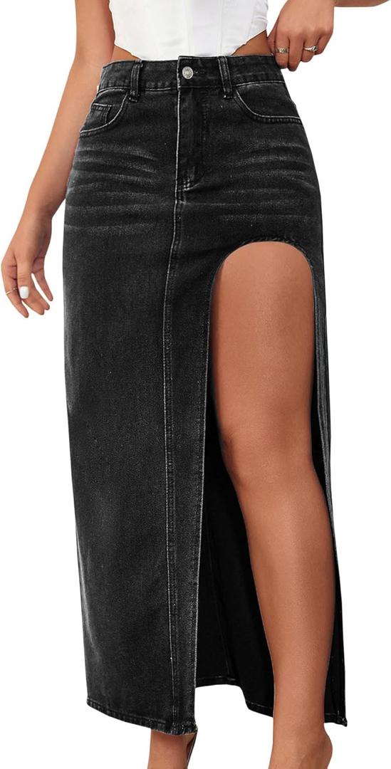 SEMATOMALA Women's Thigh High Split Maxi Denim Skirt High Waisted Cut Out High Low Asymmetrical Jeans Long Skirts (Medium, Black)