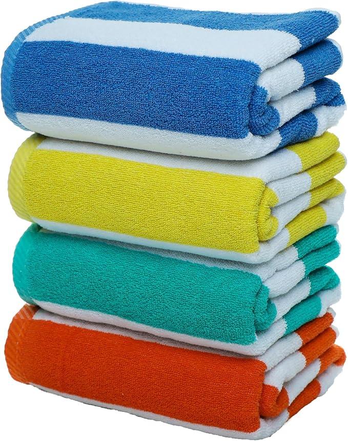 Assorted Cabana Striped Beach Towel 30"x60", Highly Absorbent Pool Towels, 100% Cotton Beach, Bathroom and Pool Towels 4 Pack, Adult Luxury Quick Drying Beach Towels, Lightweight