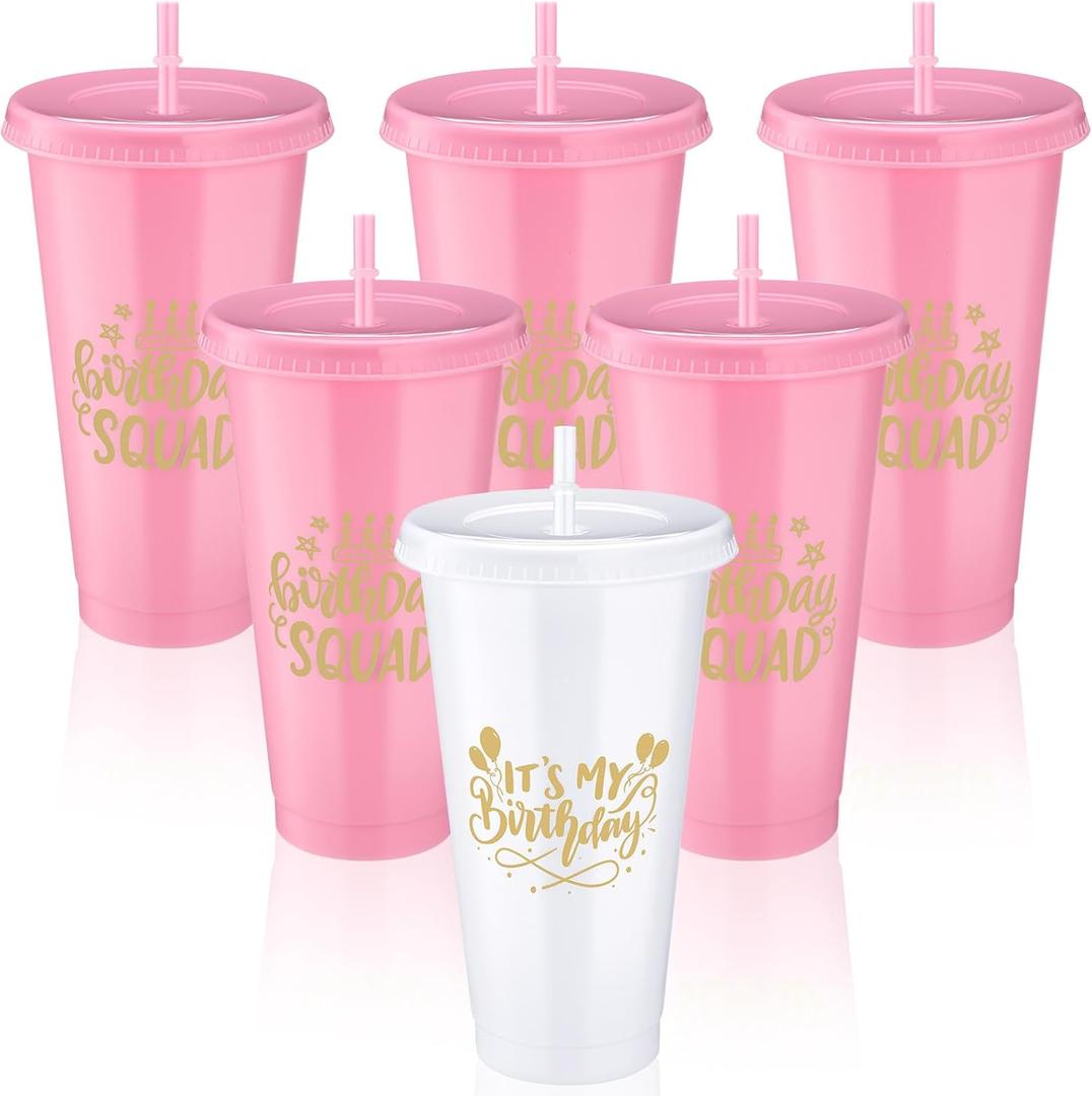 Birthday Party Tumblers 24 oz Squad Plastic Tumblers with Lid and Straw for 20th 30th 40th 50th 60th Birthday Decorations Favor for Women Adults (White, Pink, 5 Pcs)