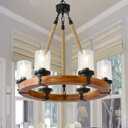 26" Wood Wagon Wheel Chandelier, 6 Light Rustic Chandelier Light Fixture with Bubble Glass Shade Farmhouse Pendant for Dining Room Kitchen and Entryway