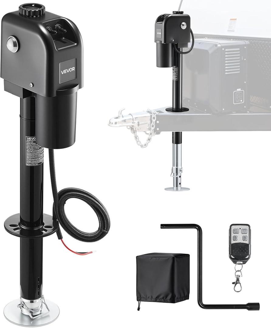 VEVOR Electric Trailer Jack, 7500 lbs Capacity, Electric Power Tongue Jack with Waterproof Protective Cover & LED Light for Travel Trailer, Camper, RV, 9.84-27.84 in Lift, 12V DC with Wiring, Black