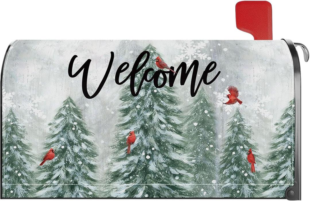 Welcome Winter Tree Mailbox Cover Magnetic Standard Size 21x18 Inch Winter Christmas Decorative Post Letter Box Wrap Decor Garden Yard Decoration